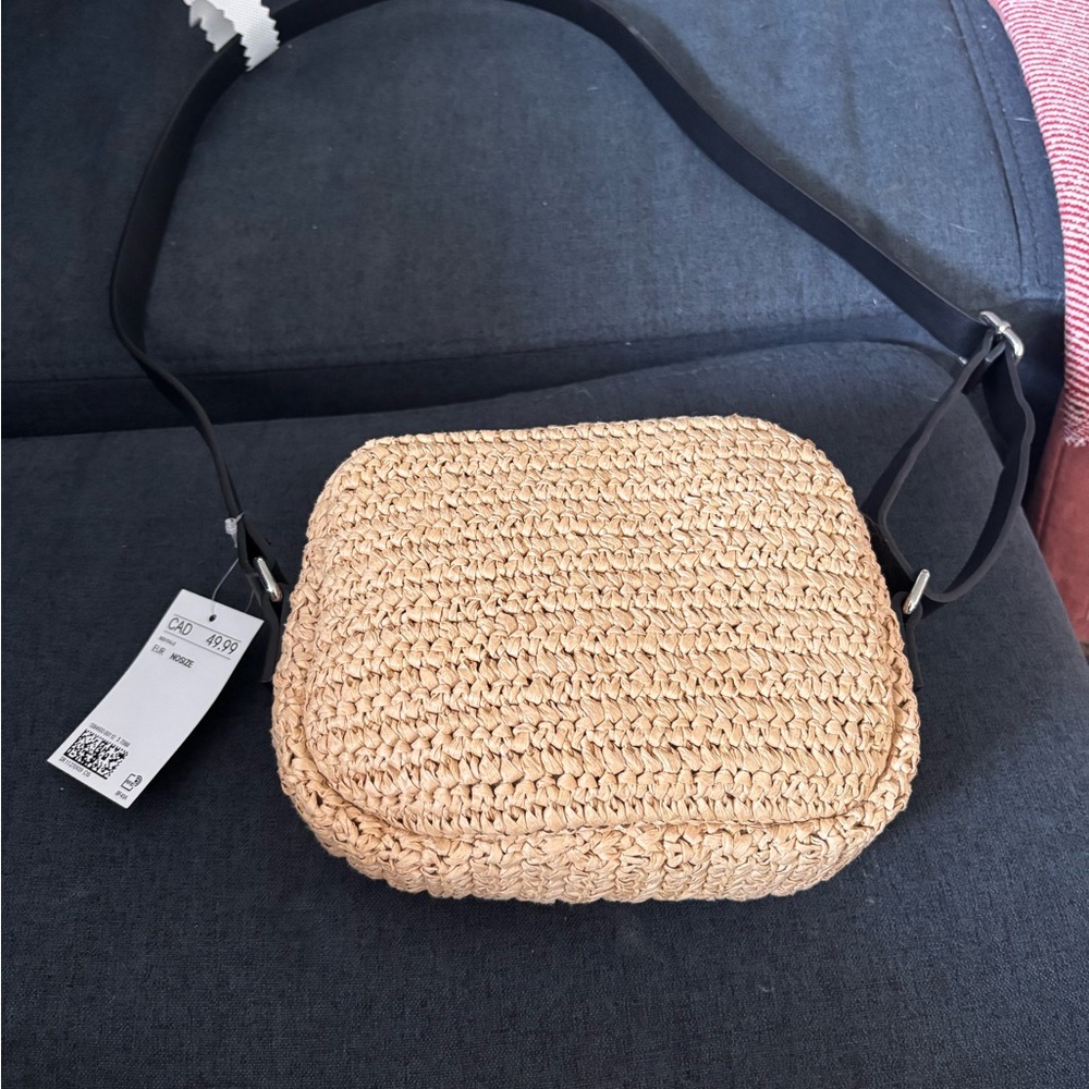 H&M Natural Woven Crossbody Bag with Black Strap